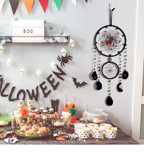 Gothic Halloween dream catcher hanging decoration with skull and spider web elements