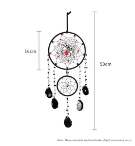 Detailed size chart for the black spider dreamcatcher with agate stones and skull decor