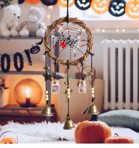 Halloween dreamcatcher hanging decoration with rattan ring, spider web and wind chimes