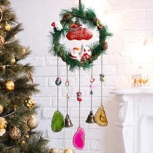 Christmas Wreath Wind Chime Natural Agate Slices Pine Needle Hanging Ornament Metal Bells Resin Santa Snowman Decor