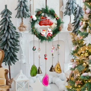 Creative Christmas wreath wind chime with pine needles, bells and agate stone hanging decor