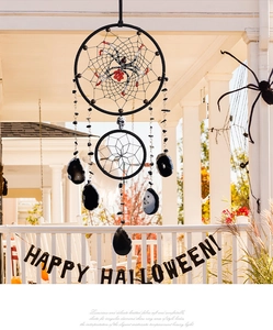 Detailed Halloween dreamcatcher featuring a spider web design and black agate slices