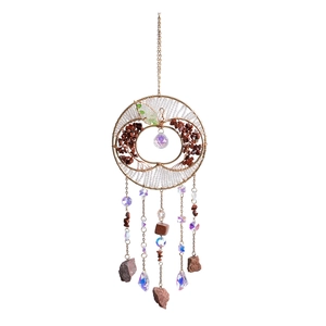 Tree of life suncatcher with colorful stones and hanging crystal pendants on white background