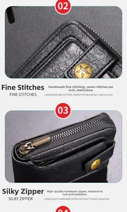 Close-up of black leather wallet stitching and premium gold zipper hardware details
