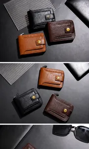 Macro detail of retro men's short wallets in three colors with zipper and star snap buckle