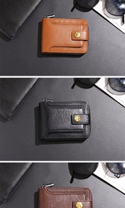 Vertical display of vintage men's short wallets in brown, black, and coffee synthetic leather