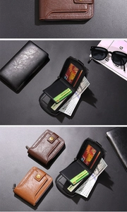 Macro view of leather wallet interior with card slots, zipper compartment and ID window