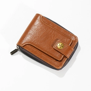 Vintage dark brown bifold leather wallet for men with a star buckle and zip closure