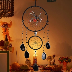 Gothic Halloween dream catcher with black spider web, skull decor and agate slices