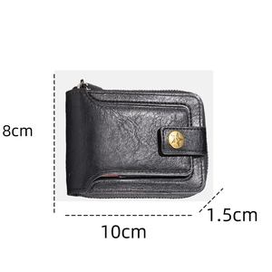 Detailed size chart showing 10x8x1.5cm dimensions of this compact black leather wallet