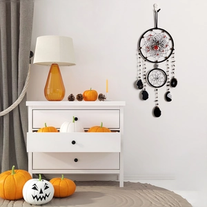 Halloween dreamcatcher hanging decoration with black rings, spider, and skulls for wall decor