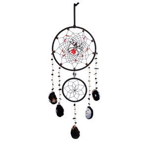 Halloween spider dreamcatcher featuring black rings, skull charm and hanging stones