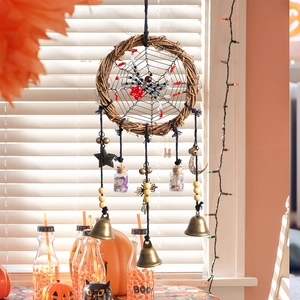 Halloween dreamcatcher hanging decor with spider web rattan hoop and charms