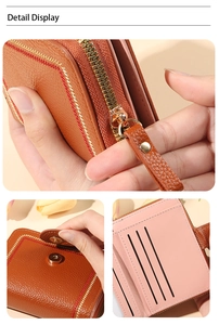 Dettaglio portafoglio in pelle martellata marrone con tasca zip e chiusura magnetica