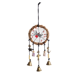 Handmade Halloween spider web dreamcatcher wall hanging with crystal vials and metal charms