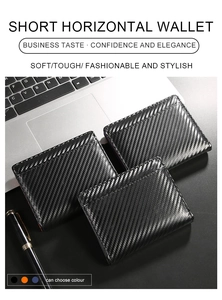 Business carbon fiber RFID wallet for men showing black, orange, and blue interior options