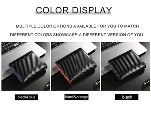 Three color variants of carbon fiber texture RFID wallets on an office desk setting