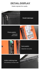 Detail of RFID carbon fiber wallet featuring bright orange leather interior and card slots