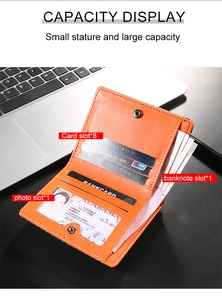 Detail showing orange leather wallet interior with 8 card slots and photo window