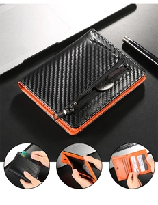 Detail of bifold wallet with carbon fiber texture and orange RFID protection slots