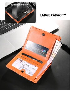 Detail view of carbon fiber RFID wallet featuring a zipper coin pocket and orange interior