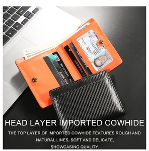 Detail showing carbon fiber wallet with orange leather interior, RFID slots, and coin pocket