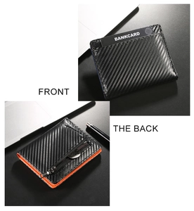 Detailed views of bifold carbon fiber wallet with RFID protection and orange interior