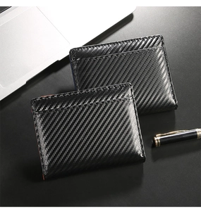 Detail of RFID wallet featuring carbon fiber texture with red and blue edge stitching