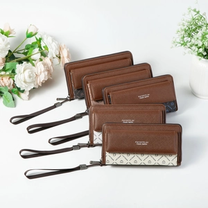Detailed close-up of high-capacity long men's wallets with zippers and hand straps