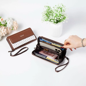 Brown long multi-functional double zipper wallet with phone slot and card holders