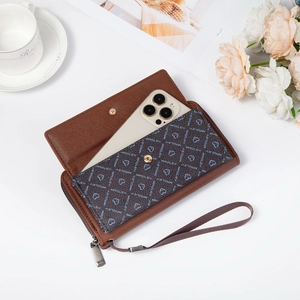 Deep brown leather dual-layer phone wallet with blue heart print pouch and wrist strap