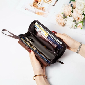 Deep coffee litchi grain PU leather clutch bag with multiple card slots and phone pocket