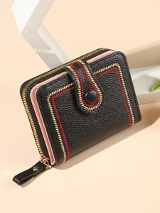 Portafoglio Donna Corto in Pelle PU Grande Capacità Slot per Schede Multiple Portamonete con Cerniera Retrò Motivo Litchi Chiusura a Scatto