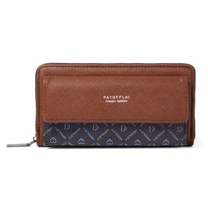 Detail of multi-card long wallet featuring brown textured leather and blue logo print