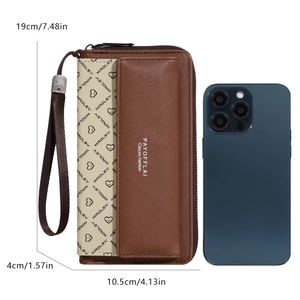 Brown and beige bifold wallet with contrast stitching and size guide for scale