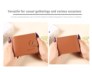 Close-up of brown lychee pattern card holder with a metal snap button and soft texture