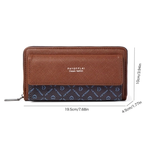 Detailed view of brown lychee leather long wallet with heart print and size dimensions
