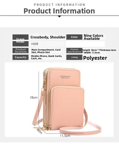 Detail view of pink crossbody phone bag showing inner structure and size specifications
