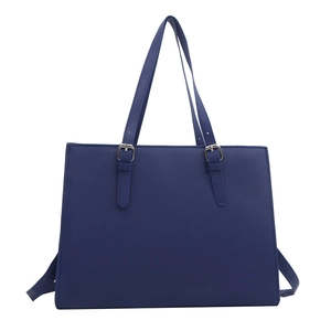 Navy blue Saffiano leather tote bag with silver adjustable handles for daily commute