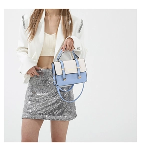 Detail of the blue and white crossbody bag with gold hardware and removable strap