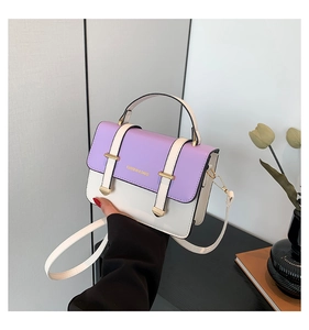 Close-up of stylish purple and white crossbody bag featuring gold hardware and logo