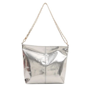 Retro silver mirror tote bag with metallic finish and gold chain straps on white background