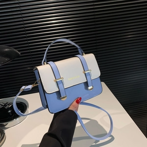 Fashion Women PU Leather Colorblock Small Square Bag Flip Top Shoulder Crossbody Bag With Golden Hardware Top Handle Purse