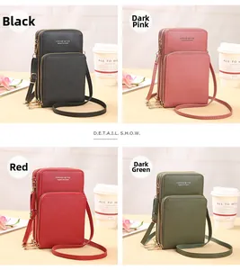 Detailed four-color selection of solid minimalist crossbody phone bags with triple zippers