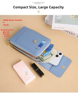 Vue détaillée d'un sac de téléphone bleu en cuir PU montrant une grande capacité interne