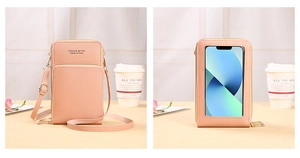 Pink crossbody phone bag featuring a transparent touchscreen window and adjustable strap