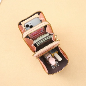 Pink crossbody phone bag with internal slots for cards, cash, and touchscreen pocket