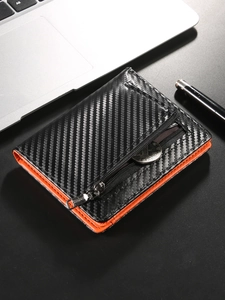 Carbon fiber RFID wallet for men with orange lining and front metal zipper pocket