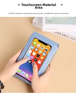 Détail de la fenêtre tactile sensible sur cette sacoche de téléphone en similicuir bleu