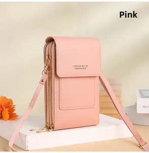 Sacoche rose pour téléphone avec fenêtre tactile et texture cuir de litchi élégante